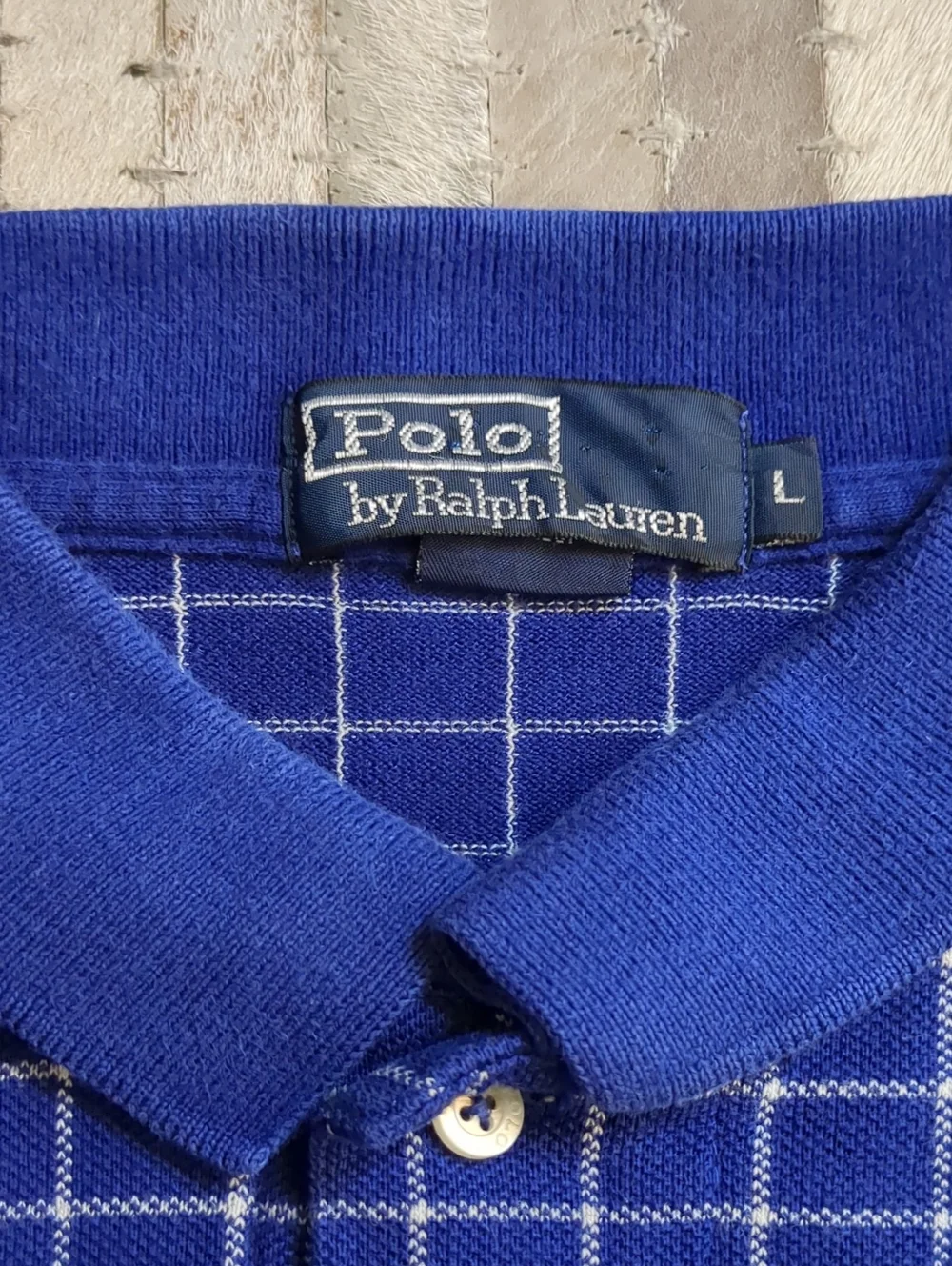 Polo Ralph Lauren Men's Vintage 90s Blue White Tron Grid Checkered Polo Shirt